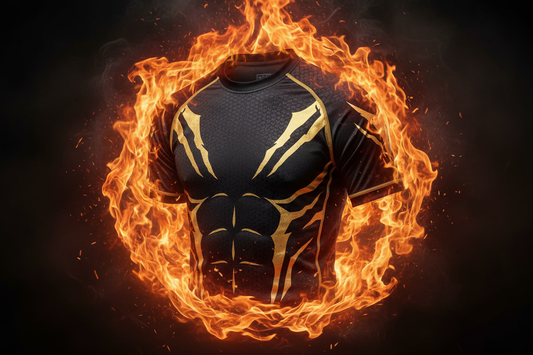 Apex Predator Combat Shirt - Black and gold beast design with fire