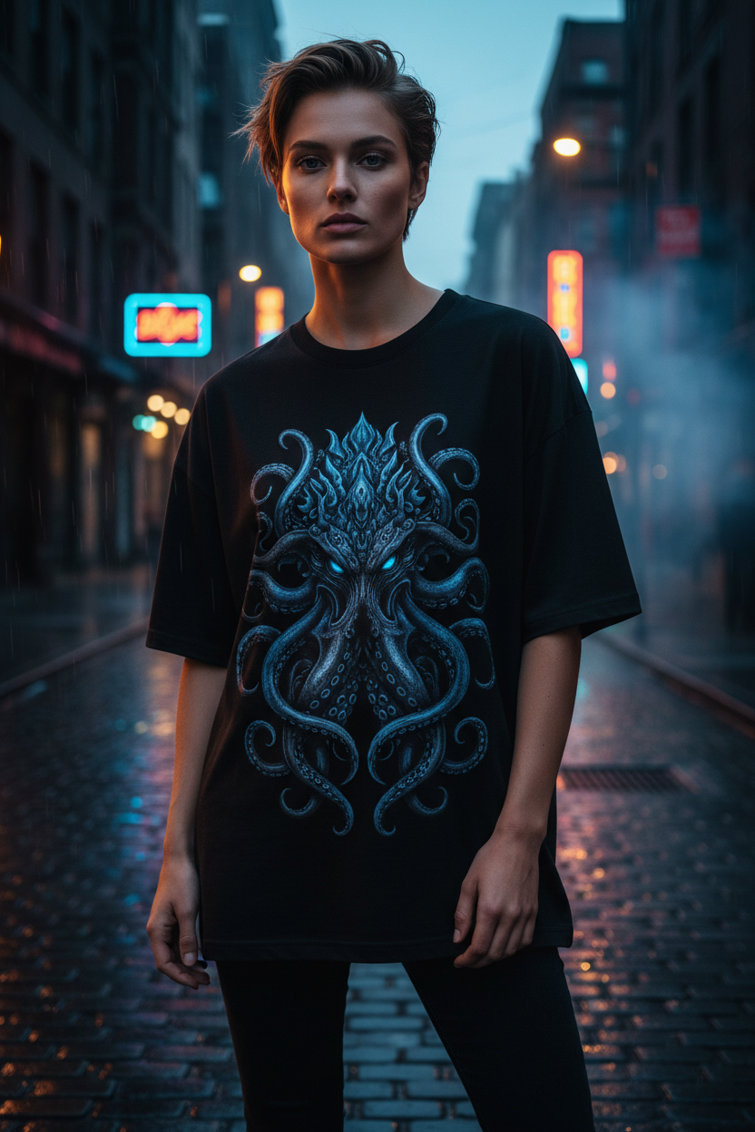 Model wearing black BEASTBAY Octopus Beast tee on a moody urban street
