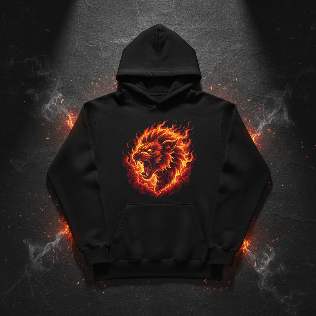 Black BEASTBAY Fire Burst hoodie styled as a flat-lay on a dark textured surface with fire accents