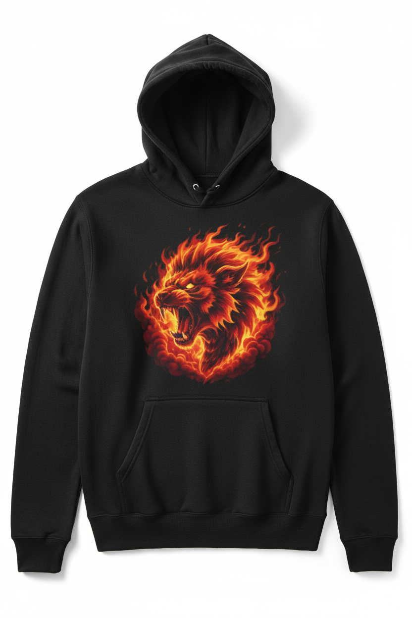Lion Spirit Hoodie - Black pullover with flaming lion graphic